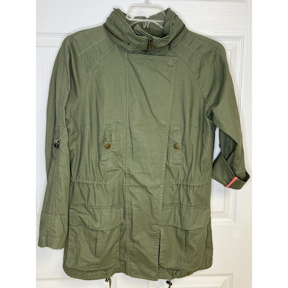 WILLOW and CLAY Women's Size S Green Canvas Long Military Full Zip Hooded Jacket - Picture 1 of 9